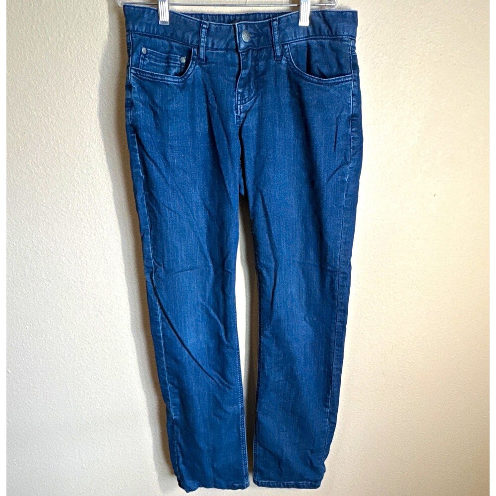 prAna Women’s Dark Wash Blue Denim Skinny Jeans Stretch 5-Pocket Button Logo